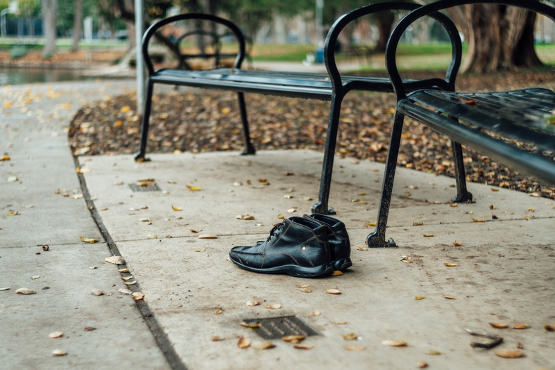 hd, shoe, parks, furniture, bench, day, leaf, black color, footpath, no people, boot, footwear, pair, street, 4K, running shoe, park, focus on foreground