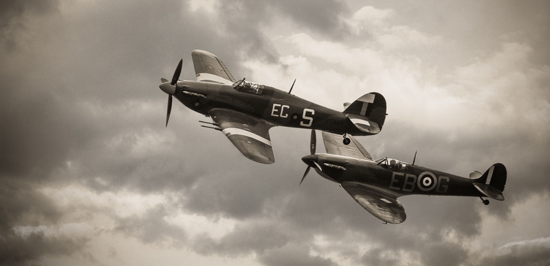 Hawker Hurricane, 4K, the sky, clouds, the plane, flight, Supermarine Spitfire