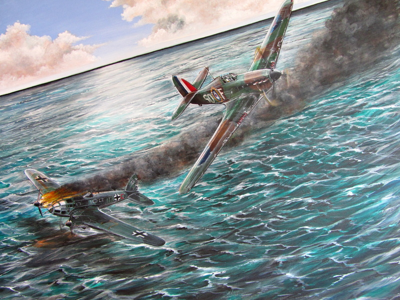 flame, German, WW2, the English channel, fighter, single, sea, bomber, fire, British, figure, 4K, aircraft, Heinkel He 111, andquot;Hurricaneandquot; Mk1