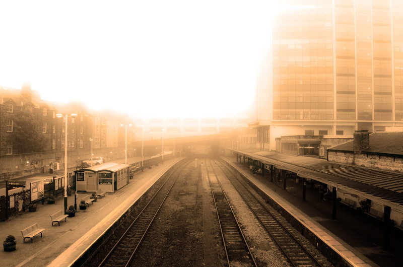 early, bright, sunlight, train - vehicle, old, smog, lens flare, foggy, Curve, Curvy, track, railroad station platform, brown, city life, line, nature