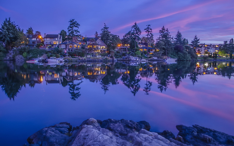 river, home, reflection, trees, boats, Vancouver Island, Marina, British Columbia, 1080P, Canada
