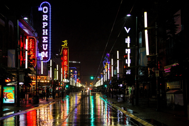 transportation, road, tourists, canada, illuminated, building exterior, weather, neon lights, nightlife, lights, city, no people, sign, british columbia