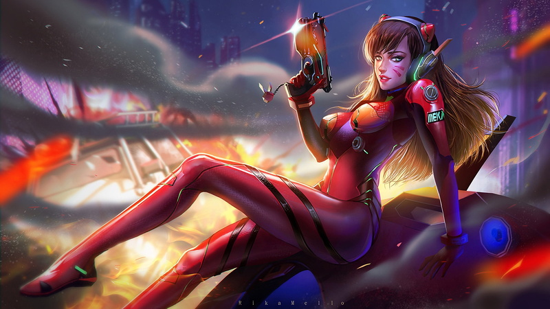blue eyes, Heroes Of The Storm, Tight Clothing, Neon Genesis Evangelion, Anime Girls, video games, Crossover, anime, Overwatch, Mecha Girls, D.Va (Overwatch)