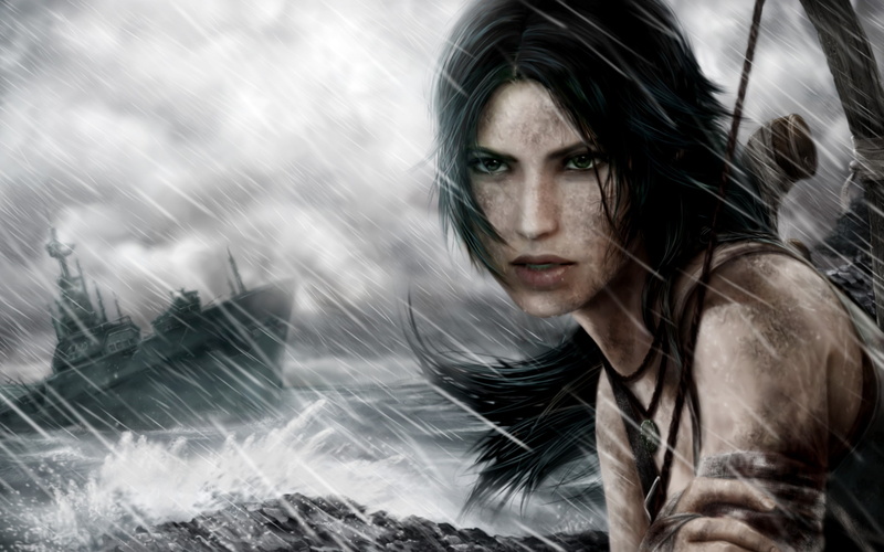 lara, eyes, gun, storm, 2K, game, sea, tail, hair, tomb, face, waves, sky, raider, hand, croft, bow, ship, girl