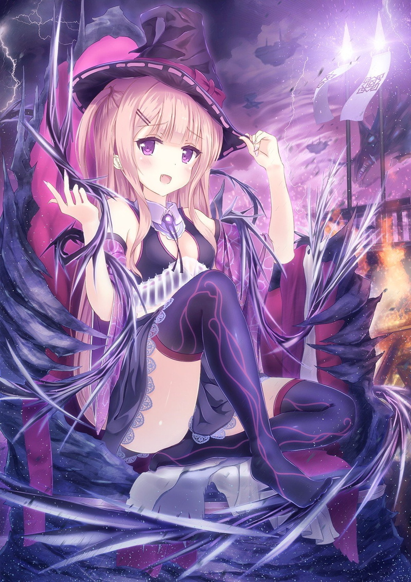 720P, storm, Lightning, highs, Magic, anime, thigh, Purple Eyes, witch, Original Characters, Anime Girls, Blonde