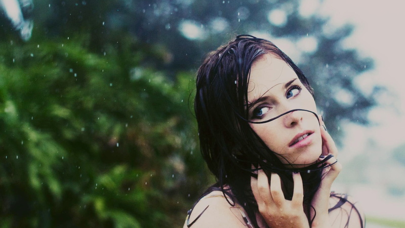 1080P, brunettes, mood, rain, face, women, females, babes, eyes, drops, storm