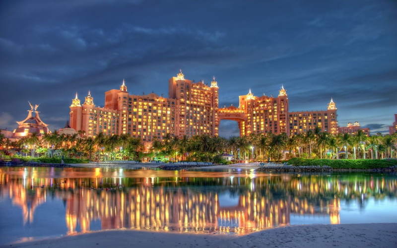no people, multi Colored, palm trees, urban Scene, skyscraper, atlantis hotel, downtown District, tower, water, 1080P, waterfront, plant, reflection, asia