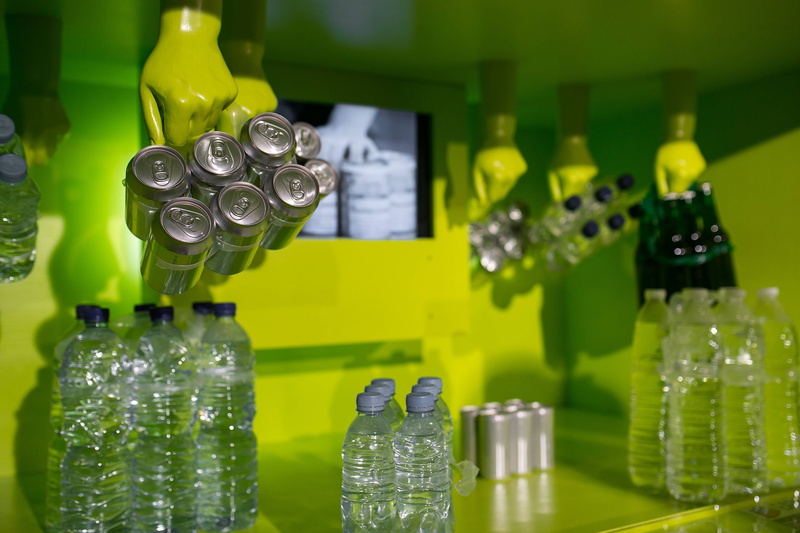 food and drink, plastic, green color, art, large group of objects, equipment, indoors, installation, 4K, representation, business, gallery, liquid, various