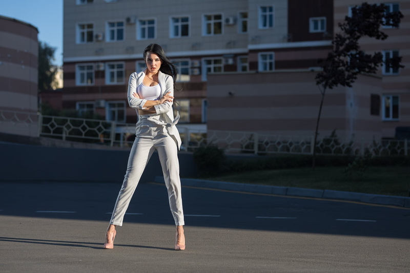brunette, suits, women outdoors, street, outdoors, model, Dmitry Sn, women, cleavage, Dmitry Shulgin, depth of field, long hair, building, white tops, arms crossed