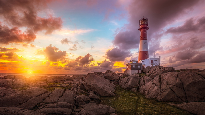 sunset, eigeroy lighthouse, rock, 4K, sky, lighthouse, egersund, rogaland, norway, beacon, evening, dawn, tower