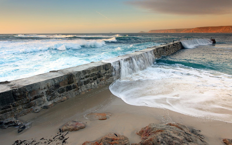 aquatic sport, landscape, nature, rock, cliff, famous Place, surfing, wave, dam, fences, wind, portugal, landscapes, water, concrete, 1080P, beach, sand
