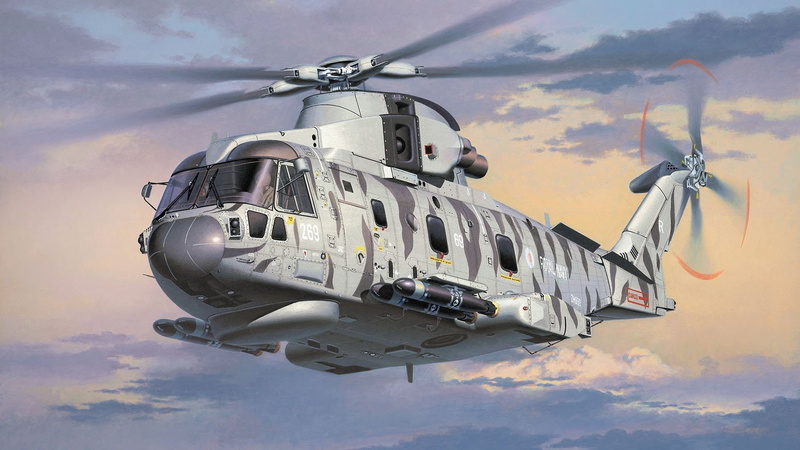 flying, two objects, no people, AgustaWestland AW101, military, propeller, day, 1080P, airplane, Aircraft, Military Helicopters, mode of transportation