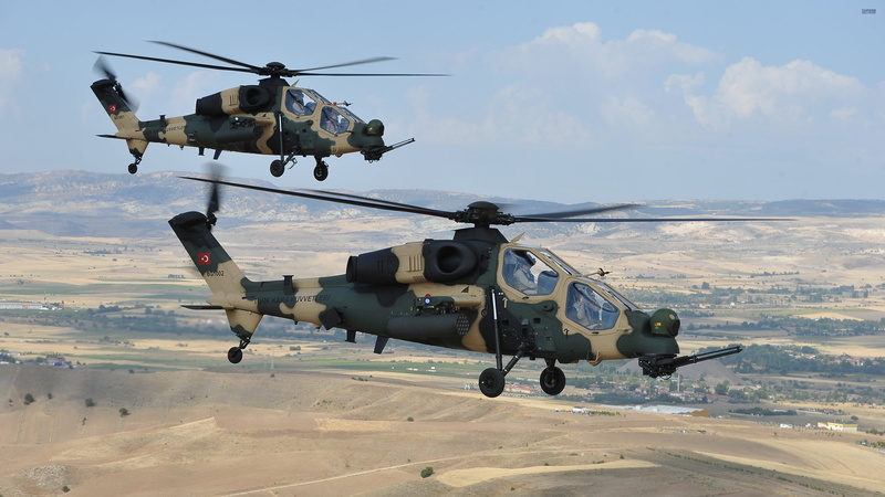 AgustaWestland, attack helicopter, green, beige, helicopters, camouflage, Turkish Aerospace Industries, 4K, two, Agusta Westland T-129