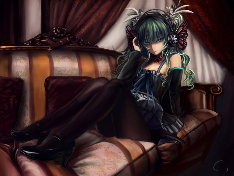 headphones, cj man, hatsune miku, sofa, vocaloid, girl, flowers, 1080P, art