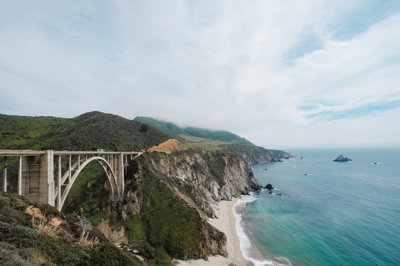 sea, travel Destinations, shore, travel, nature, summer, beach, cliff, pacific Coast Highway, sand, bridge - Man Made Structure, fog, bridge, atlantic Ocean
