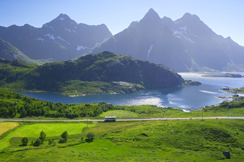 idyllic, land, road, Lofoten, grass, tranquil scene, outdoors, mountain range, non-urban scene, mountains, nature, lake, plant, mountain peak, body, shore