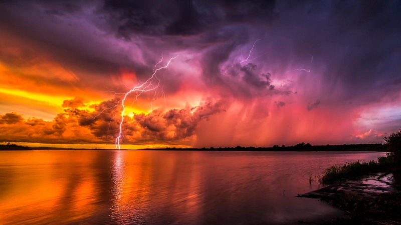lightning strike, purple, reflection, cloud - sky, water, weather, bad weather, lake, lightning, 1080P, wtorm, scenics - nature, storm, power in nature