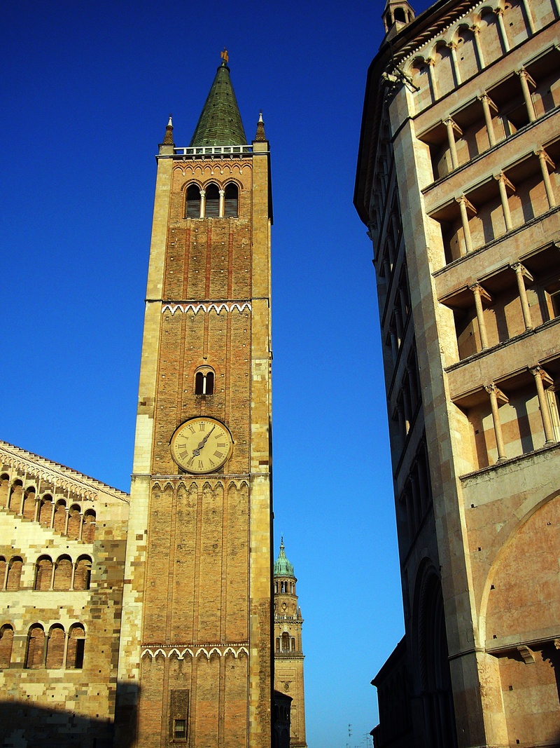 clock tower, tower, clock, place of worship, dom, building, blue, low angle view, church, travel destinations, parma, spire, clear sky, belief, city, bell tower - tower