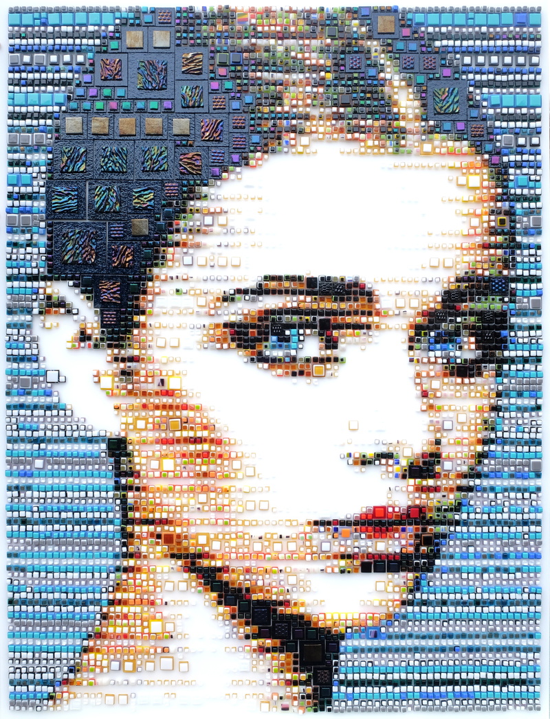 blue eyes, 4K, portrait, 3D, square, portrait display, Isabelle Scheltjens, glass, face, women, artwork, mosaic