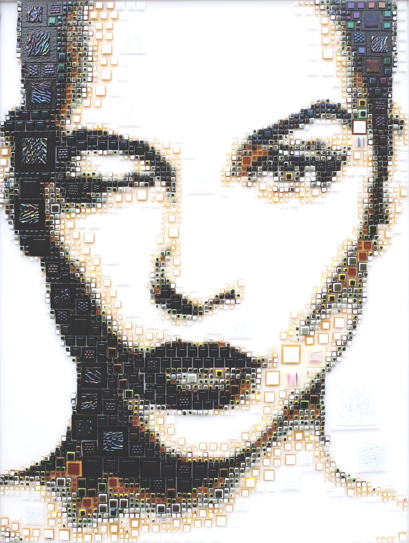 square, 2K, winking, artwork, Isabelle Scheltjens, portrait display, portrait, wink, white background, black lipstick, women, glass, mosaic, 3D, face