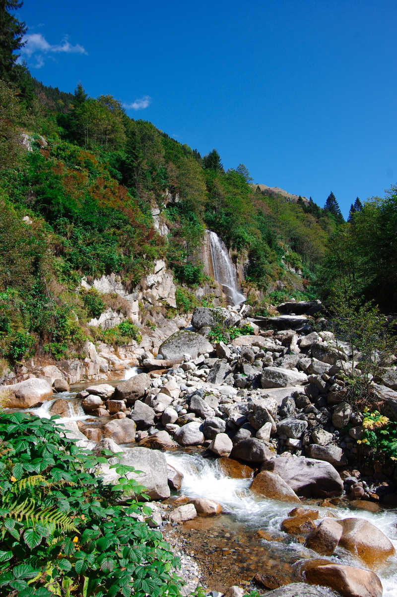 beauty in nature, highland, outdoors, flowing, landscape, scene, travel, flow, sky, rural, rock, beautiful, fresh, scenics - nature, non-urban scene, waterfall