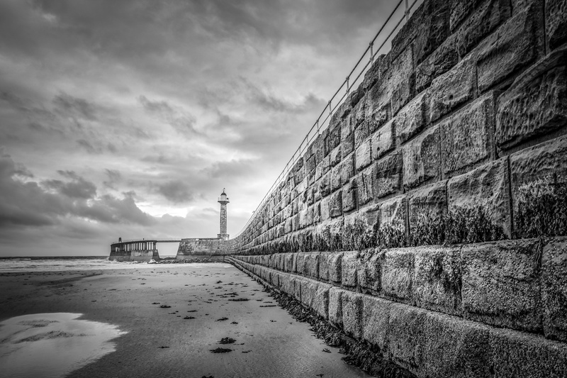 moody, beach, gray, wall, built structure, building, stone, photography, whitby, outdoors, black and white, seawall, tower, lines, yorkshire, the way forward