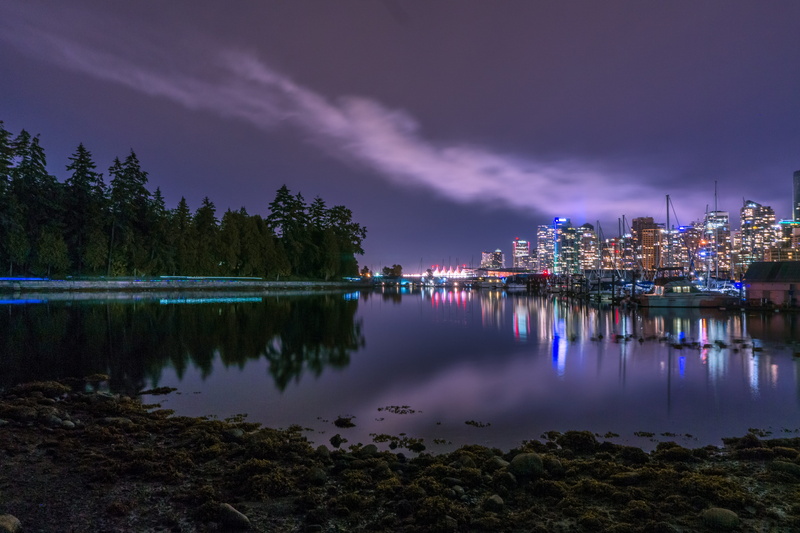 sky, scenics - nature, travel destinations, seawall, dusk, sea, stanley park, marine, water, built structure, canada, no people, reflection, trees, office building exterior