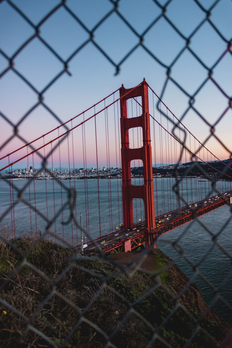 metal, nature, banister, silhouette, bay, gate, san francisco, handrail, golden, california, cyclone, sunset, view, boundary, travel destinations, water