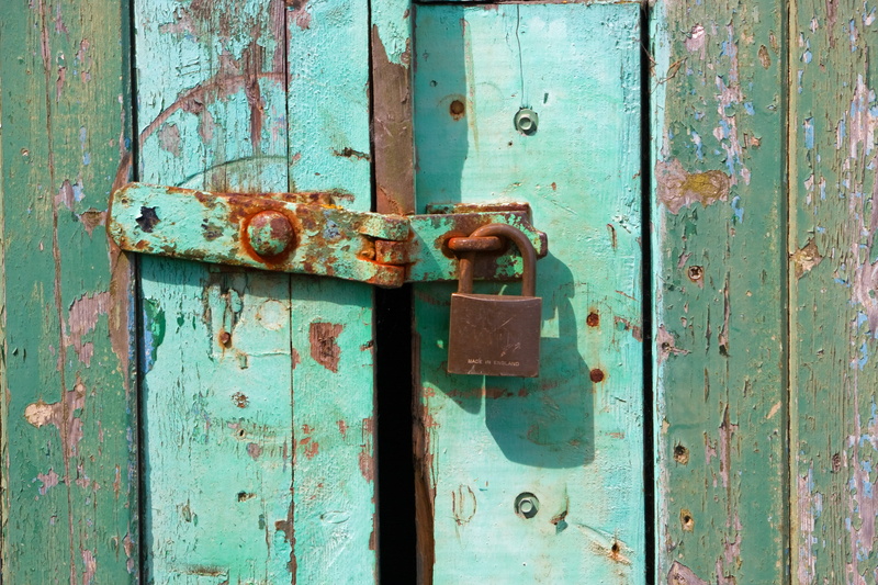 turquoise colored, security, damaged, door, flaking, close-up, weathered, latch, wooden, backgrounds, day, rusting, wood - material, outdoors, green, brown