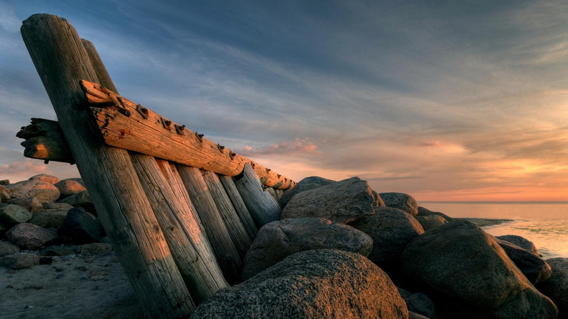 among, barrier, old, nature and landscapes, pier, clouds, brown, wooden, 1080P, stones, surge