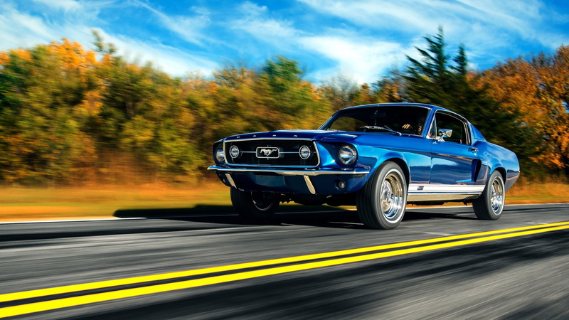 driving, boss 429, yellow, road, motor vehicle, blurred motion, ford mustang boss 429, blue car, classic car, outdoors, sky, motion, road trip, speed, muscle car