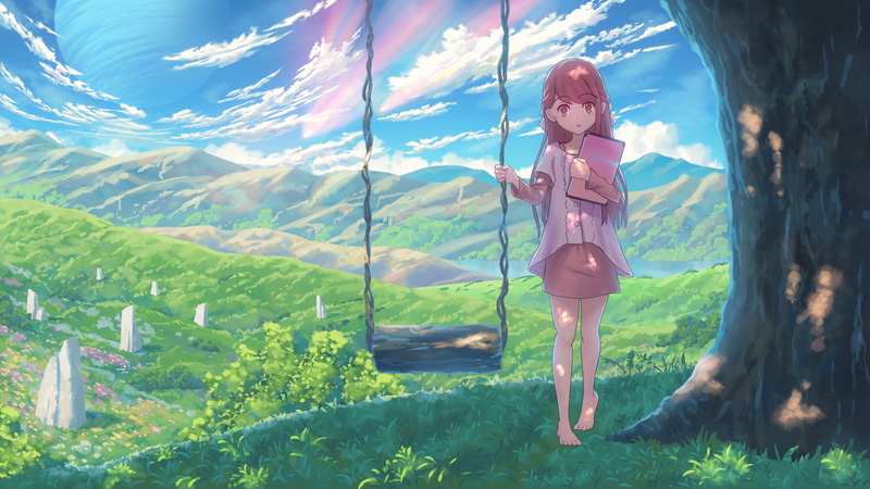 grass, swing, 1080P, tree, hills, clouds, shelter, landscape, rin, sky, scenic, Anime