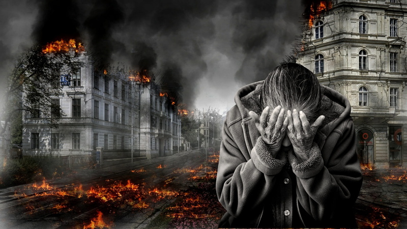 flame, communication, gas mask, motion, people, destruction, war, building, digital composite, despair, pollution, heat - temperature, warning sign, helplessness