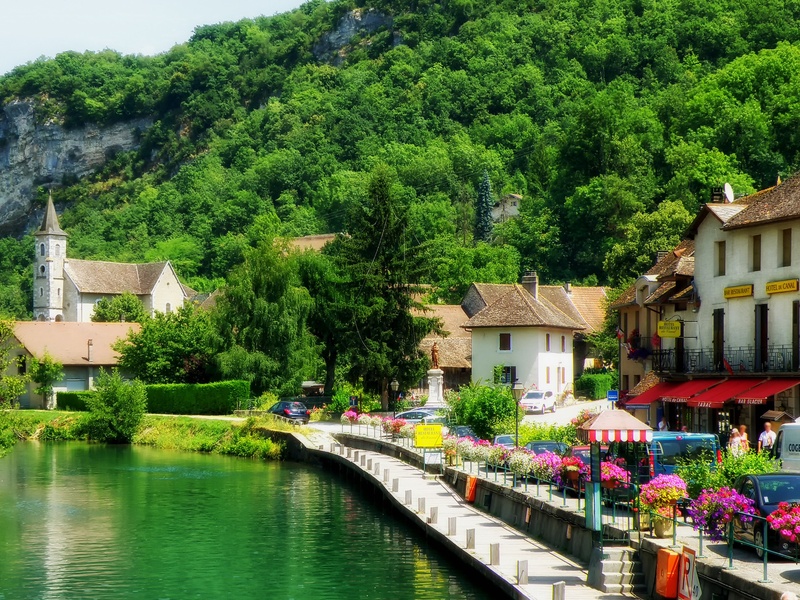 reflections, beside, summer, forest, chanaz, outside, river, church, body, houses, building exterior, incidental people, trees, france, flowers, daytime