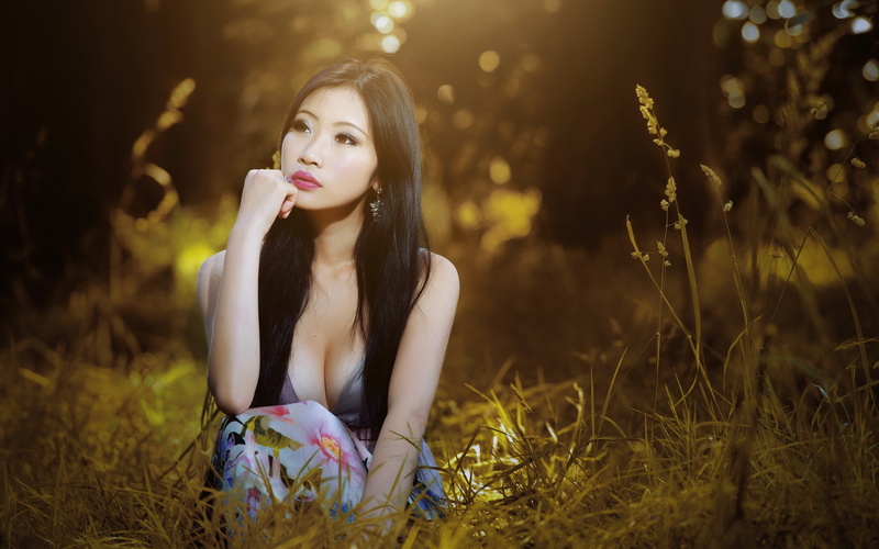 women, model, grass, asian, nature, cleavage, 2K