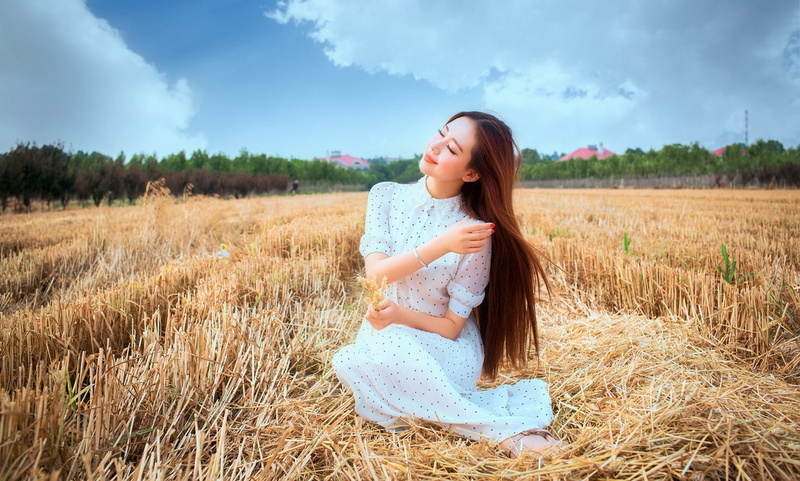 outdoors, girl, 1080P, field, model, dress, women, asian, long, s, nature, white, floral