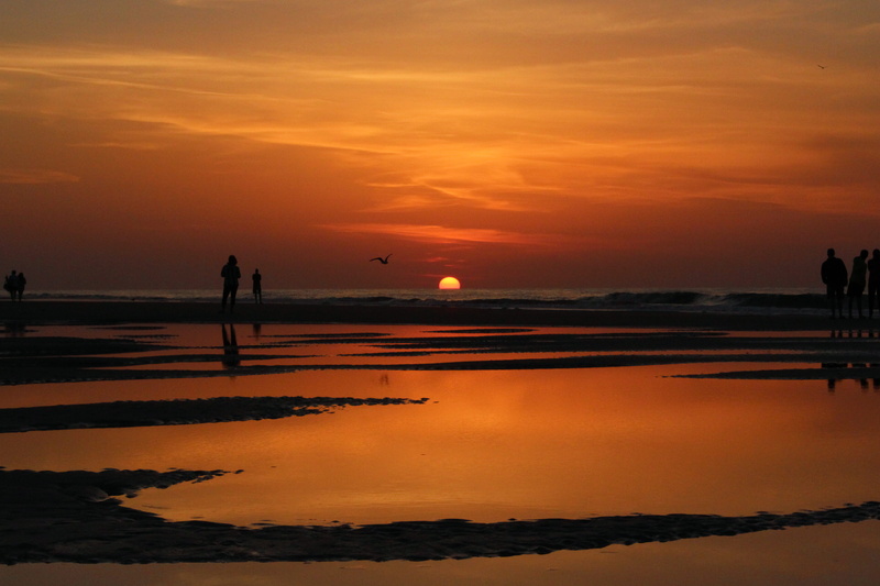 orange color, real people, beach, silhouette, cloud - sky, sun, united states, lifestyles, water, hilton head, tranquil scene, 4K, atlantic ocean, idyllic