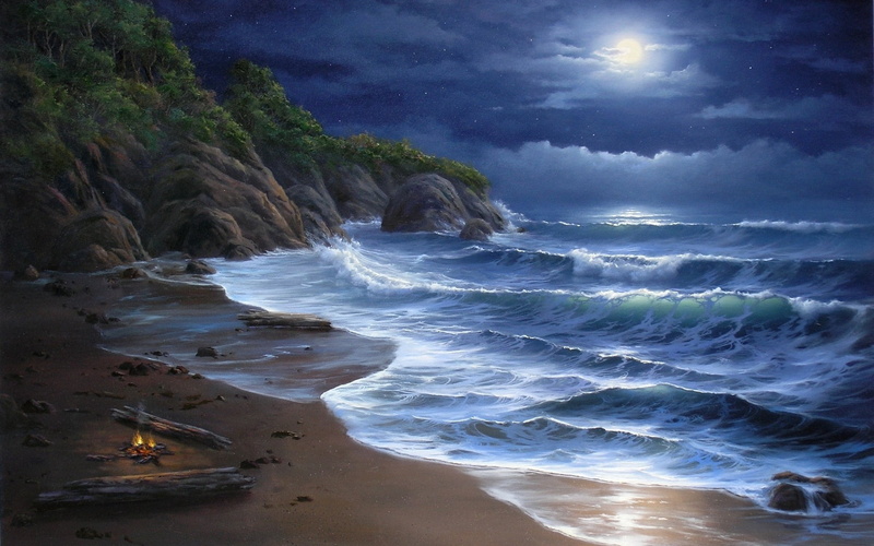 sand, tranquil scene, idyllic, surfing, travel, scenics, no People, beauty In Nature, surf, moon, cliff, rock - Object, wave, fire, sky, california, ocean