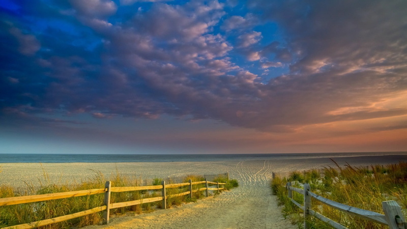 landscape, 1080P, cloud - sky, water, beauty in nature, railing, horizon, wood fence, tranquility, nature, purple sky, sky, environment, land, horizon over water