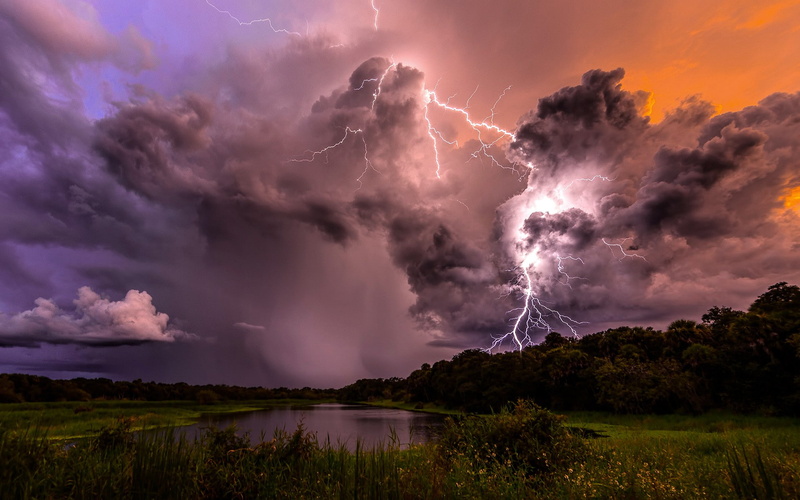 rain, trees, storm, clouds, Lightning, Nature, 1080P, Night, Lake, sky