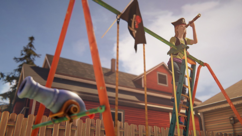 amusement park, art and craft, no people, Chloe Price, representation, screen shot, outdoors, western script, building exterior, low angle view, pirates