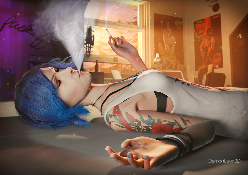 Window, Chloe Price, 720P, Cigarette, Smoke, Blue Hair, Life is Strange: Before The Storm, Life Is Strange, Necklace