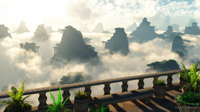 hd, mountains, clouds, landscape, nature, sun, 1080P, balcony, sunlight, alien