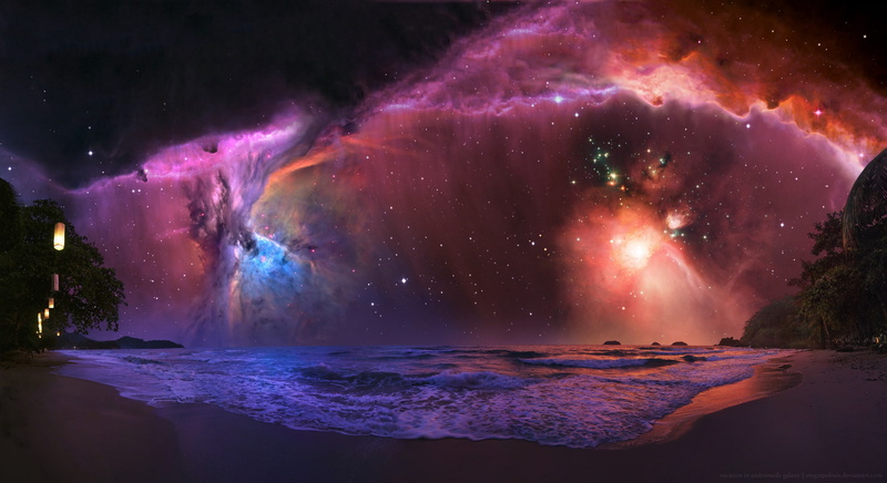 vacation, outer, art, stars, nature, science, fiction, galaxies, space, 1080P, x, nebulae, beach, andromeda, trees, hd, beaches, sunsets