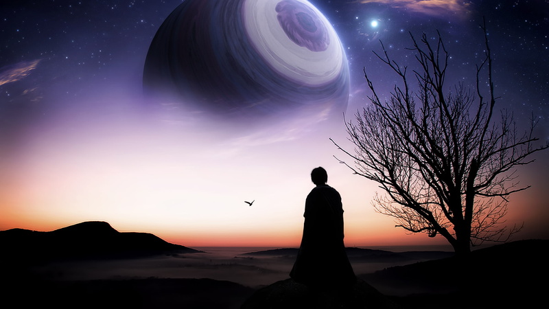 silhouette, sunset, person, fantasy, alien, 1080P, landscape, stars, planet, trees, hd