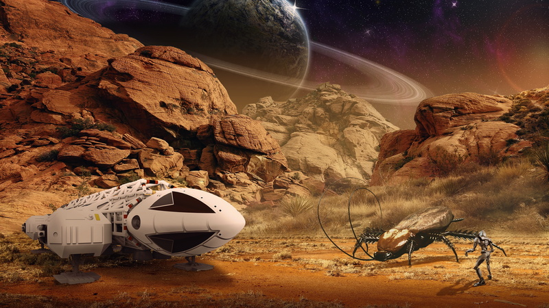 art, astronaut, spaceship, people, pilot, rocks, desert, planet, aircraft, space, 4K, insect, giant beetle, alien planet, mountains, stones, alien landscape