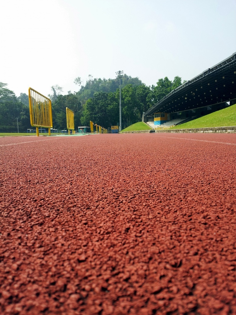 field, sky, nature, running, sport, absence, surface level, outdoors, competition, red, empty, brown, tree, track, singapore, sprint, day, playing field