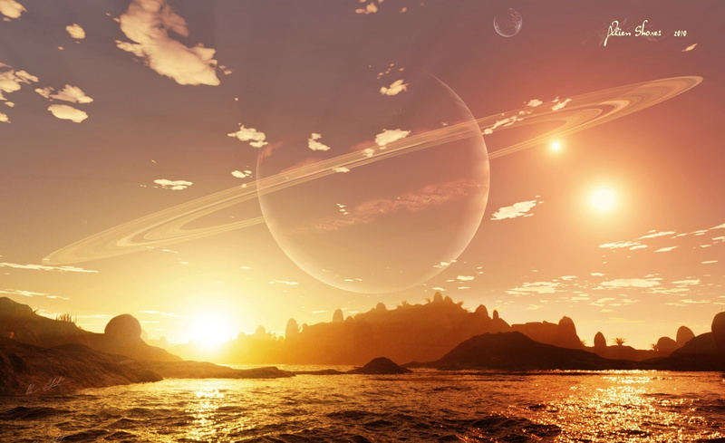 sun, idyllic, lens flare, sky, outdoors, water, mountain, 3D, tranquil scene, land, Alien, Planet, scenics - nature, nature, shores, body, 3d landscape