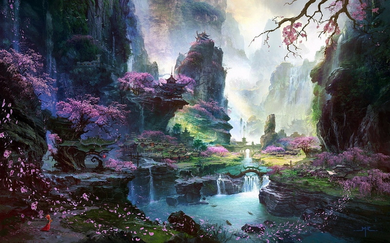1080P, rock formation, waterfall, forest, no people, land, flowing, mountain, scenics - nature, rock, painting, outdoors, water, nature, power in nature