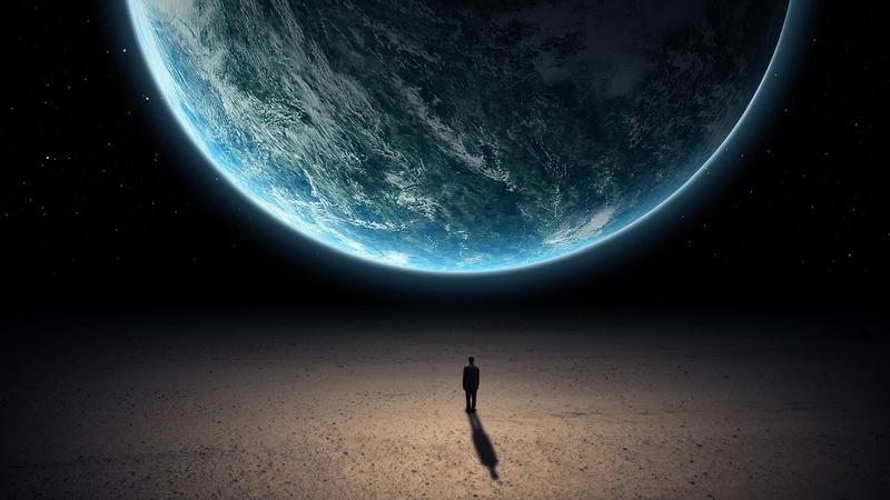 sky, digital art, night, star - space, space, beauty in nature, milky way, blue, people, water, space art, land, standing, planet - space, outdoors, world